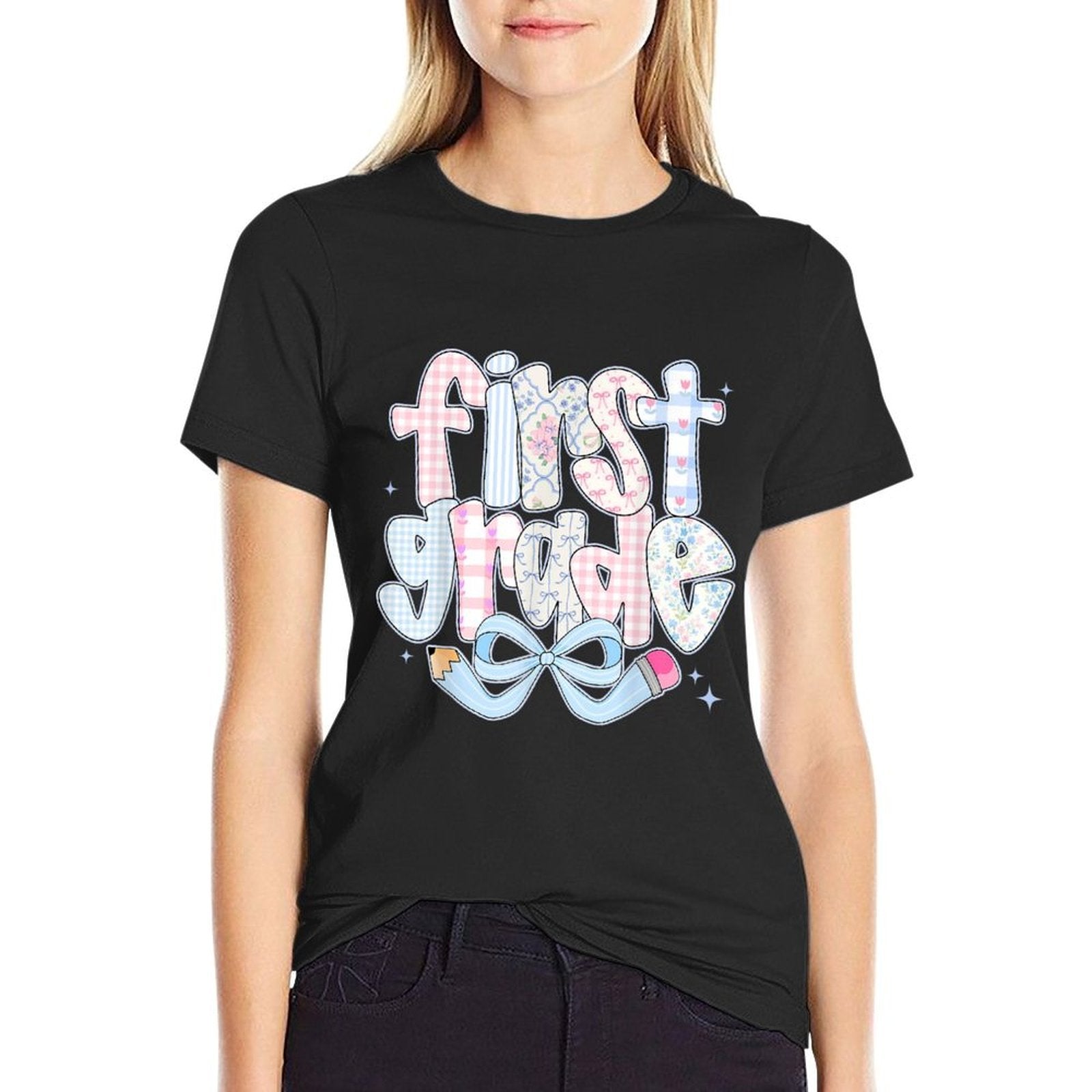 1st Grade Preppy Coquette Bow Girly Back To School Girl Kids  Slim-fit Cut T-Shirt